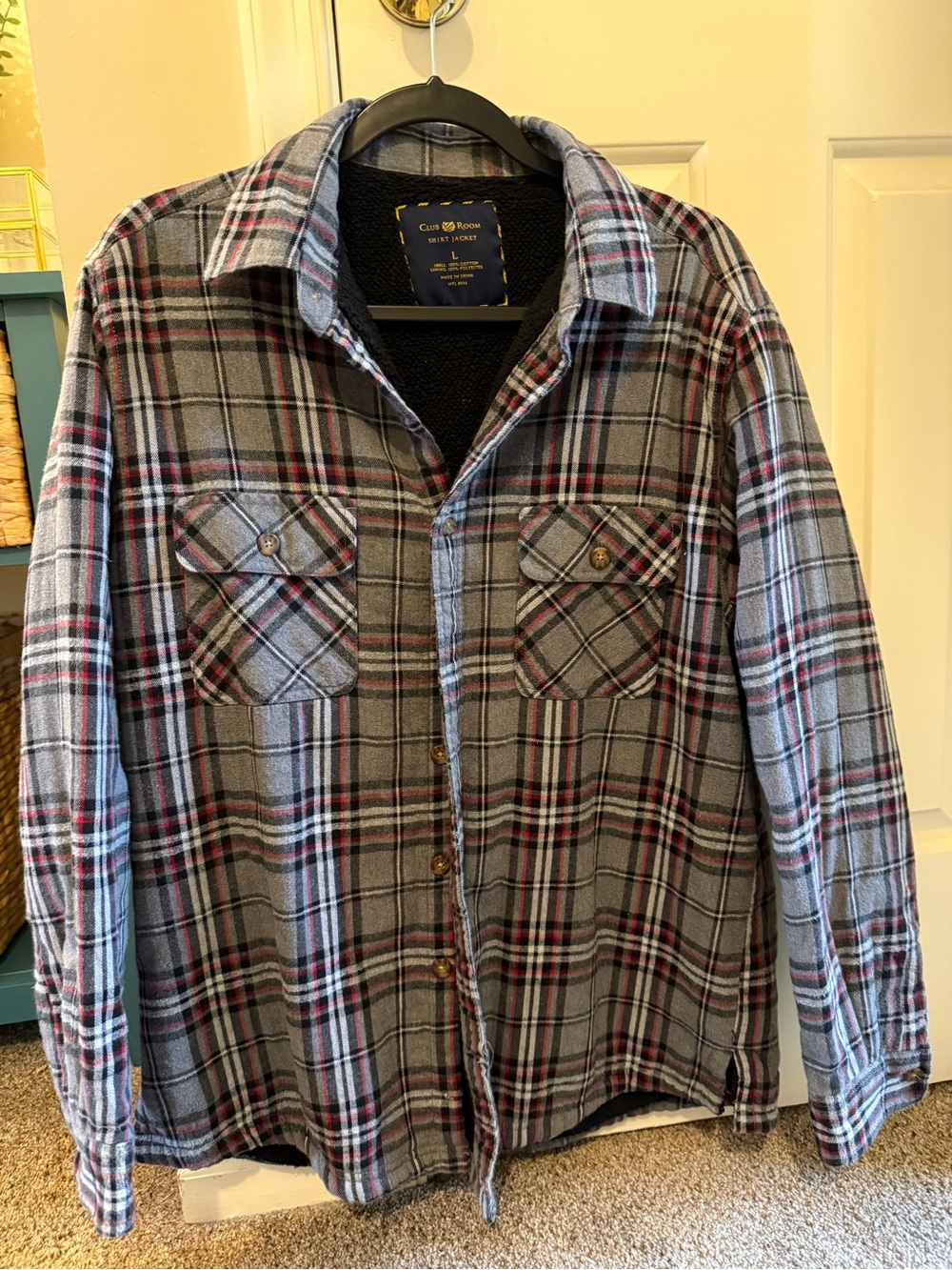 Club Room Gray Plaid Button-Down Shirt Jacket with Red Accents